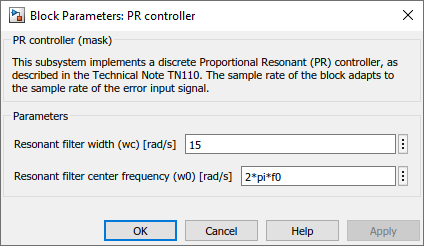 PR controller parameters