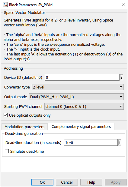 SV-PWM block Simulink dialog parameters complementary signals