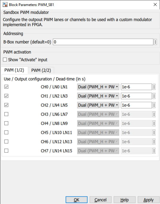 Configuration dialog of the Sandbox PWM outputs