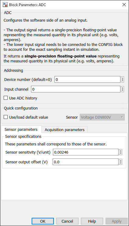 Simulink ADC block - Sensor parameters