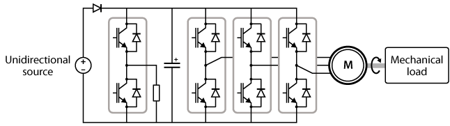 Variable speed drive topology with a unidirectional DC source and a braking chopper