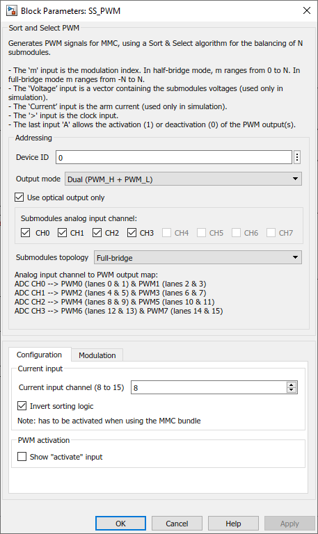 Configuration dialog for the multilevel PWM modulator block