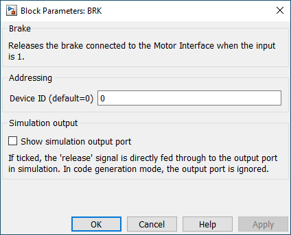 Screenshot of the safety brake parameters for the Simulink block