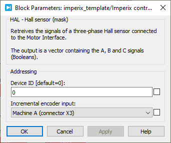 Screenshot of the hall sensor parameters for the PLECS block.