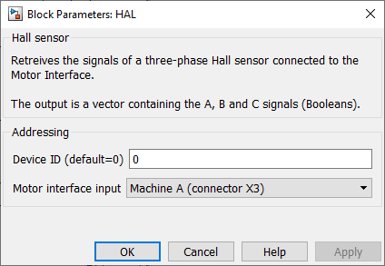 Screenshot of the hall sensor parameters of the Simulink block.