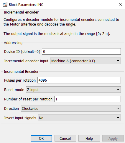 Screenshot of the incremental encoder parameters for the Simulink block.