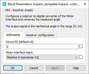 Screenshot of the resolver parameters for the PLECS block (addressing).