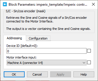 Screenshot of the sin/cos encoder parameters for the PLECS block (addressing).
