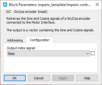 Screenshot of the sin/cos encoder parameters for the PLECS block (configuration).