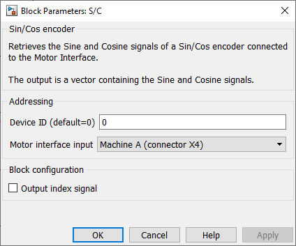 Screenshot of the sin/cos interface block for Simulink