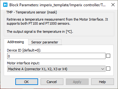 Screenshot of the temperature sensor parameters for the PLECS block (addressing).