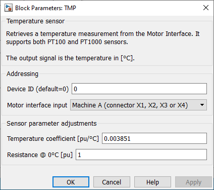 Screenshot of the temperature sensor parameters for the Simulink block