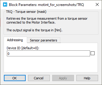 Screenshot of the torque sensor parameters for the PLECS block (addressing).