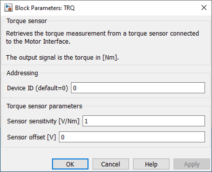 Screenshot of the torque sensor parameters for the Simulink block.