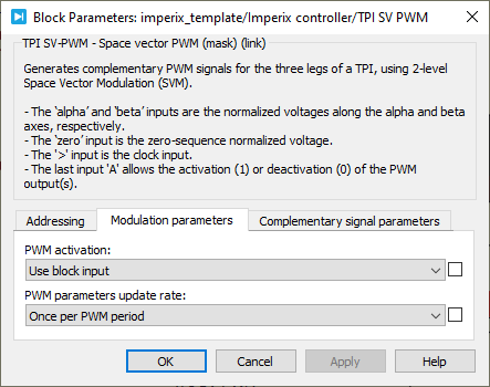 SV PWM helper block modulation parameters mask