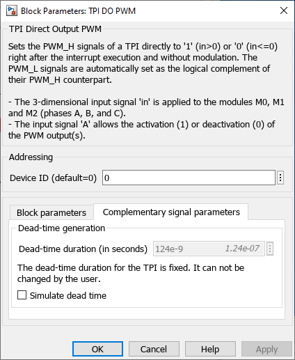 DO PWM helper block Simulink mask complementary signal parameters